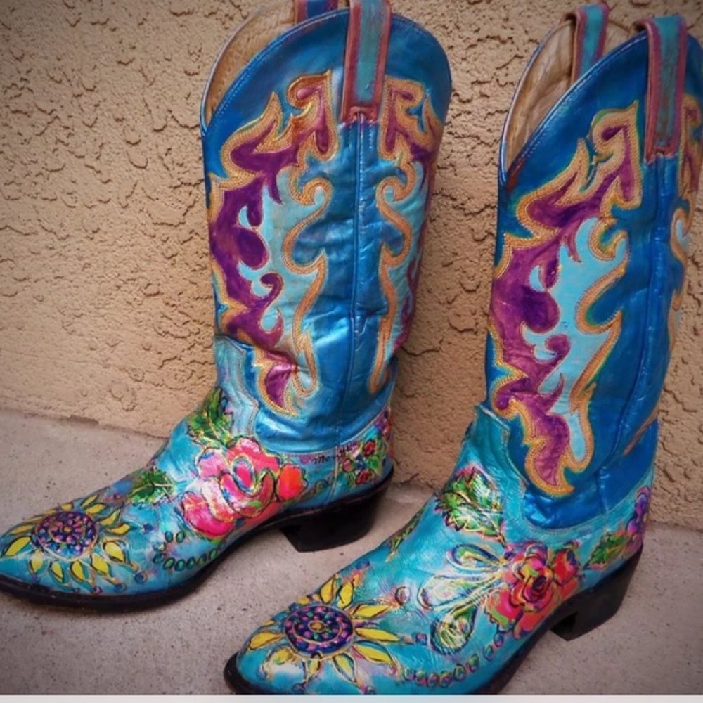 SOLD - Custom Hand Painted Dan Post Eelskin Boots Men's Sz 8 or Women's 10W - Picture 1 of 5